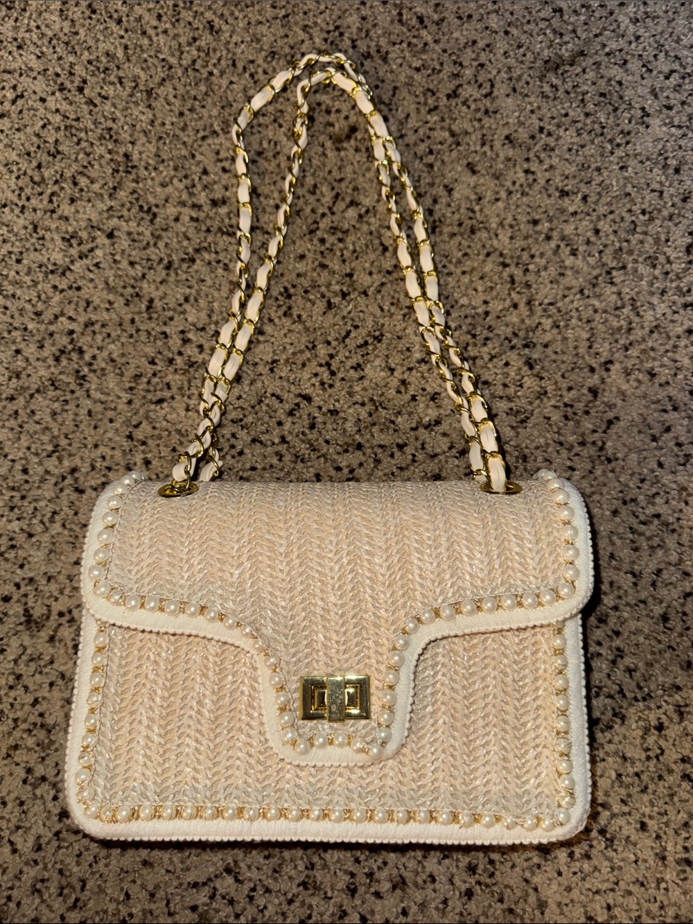 Cream Pearl-Trim Shoulder Bag with Gold Chain Strap
